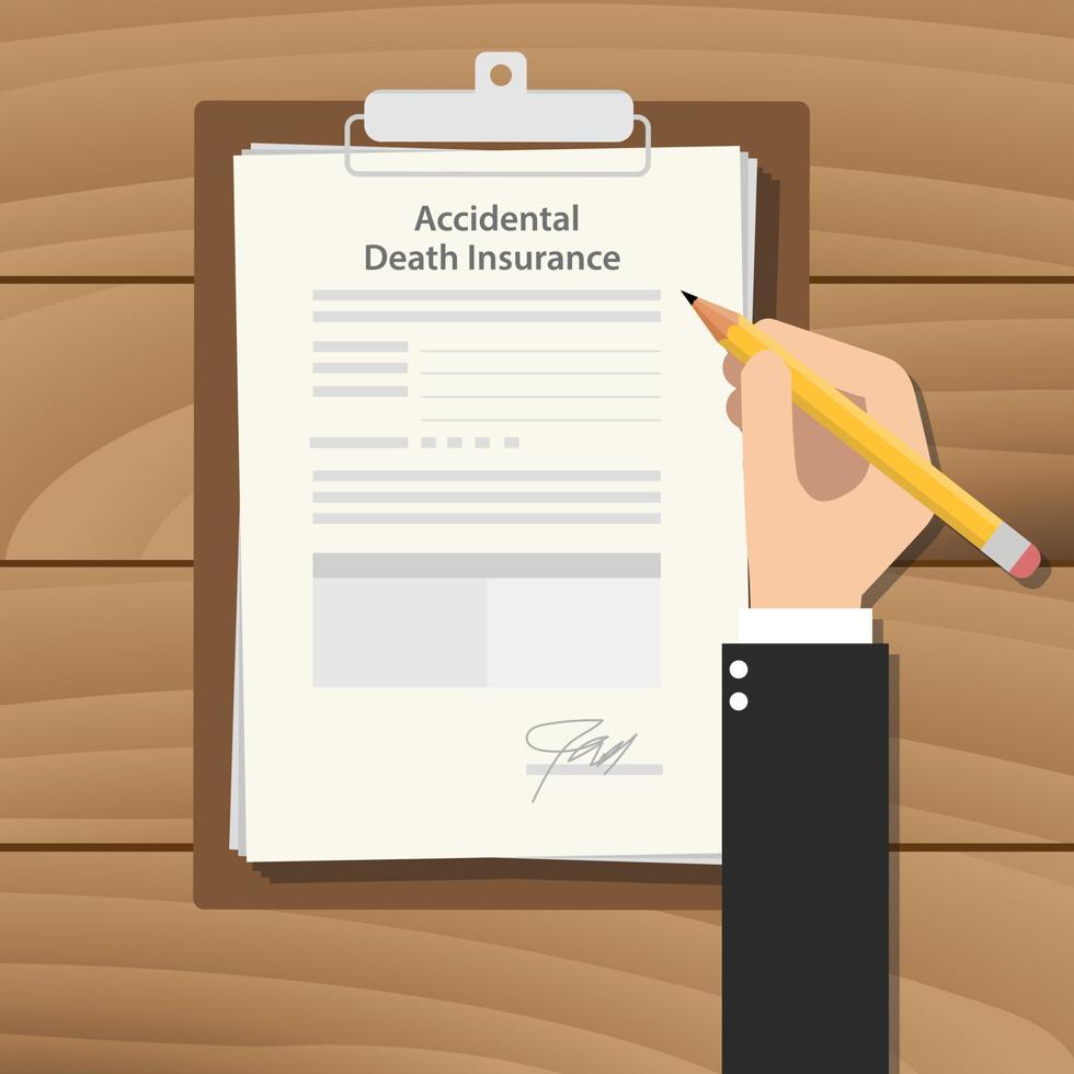 accidental death insurance illustration with business man signing a paper work on clipboard on wooden table free vector